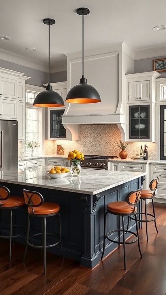 A modern kitchen featuring a navy island with a marble countertop and bold black pendant lighting.
