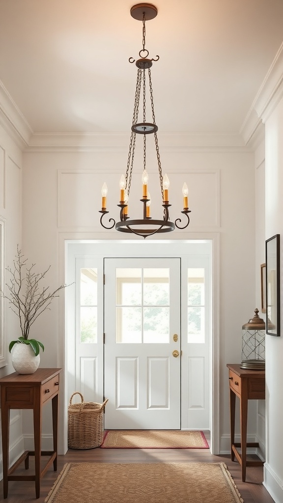 A stylish chandelier hanging in a bright entryway with wooden furniture and a welcoming door.