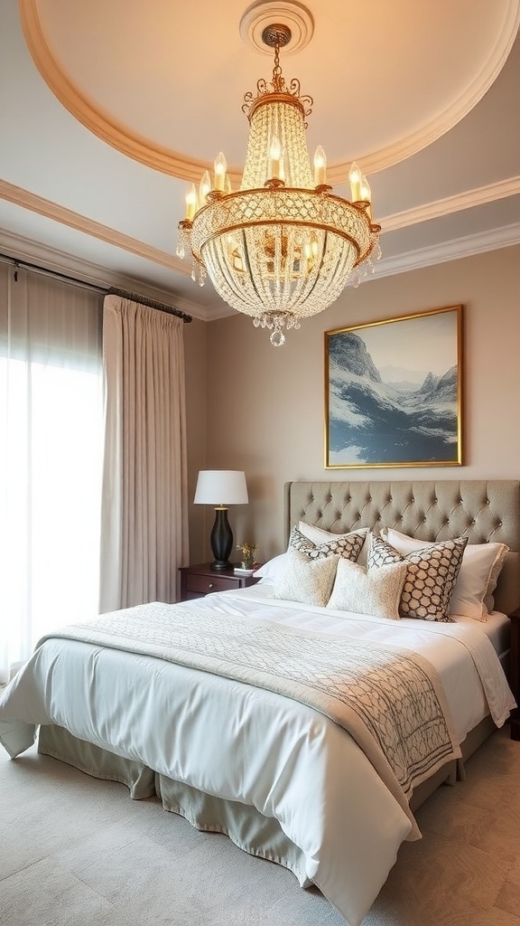 A beautifully designed bedroom featuring a chandelier, bedside lamps, and a cozy bed.