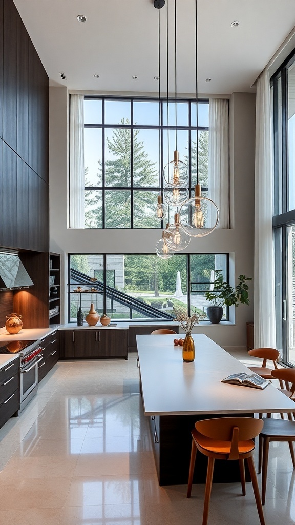 Modern kitchen with statement lighting fixtures and large windows