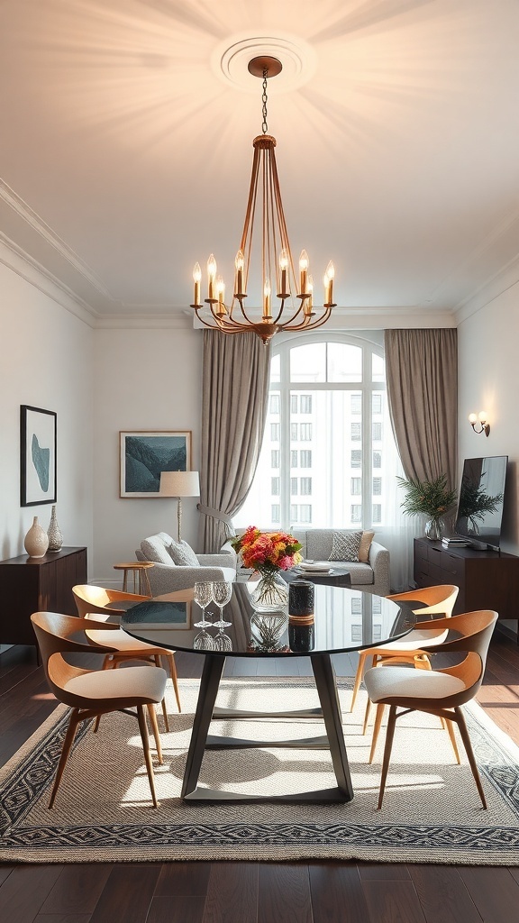 A stylish dining area featuring a modern chandelier, a round glass table, and elegant chairs, creating a cozy atmosphere.