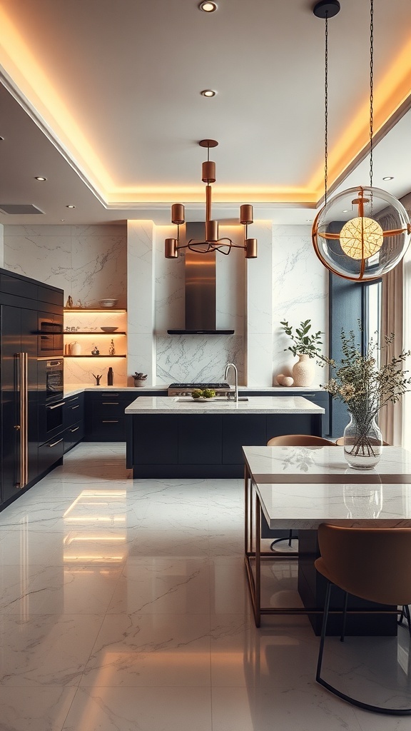 Modern kitchen with statement lighting fixtures and elegant design.