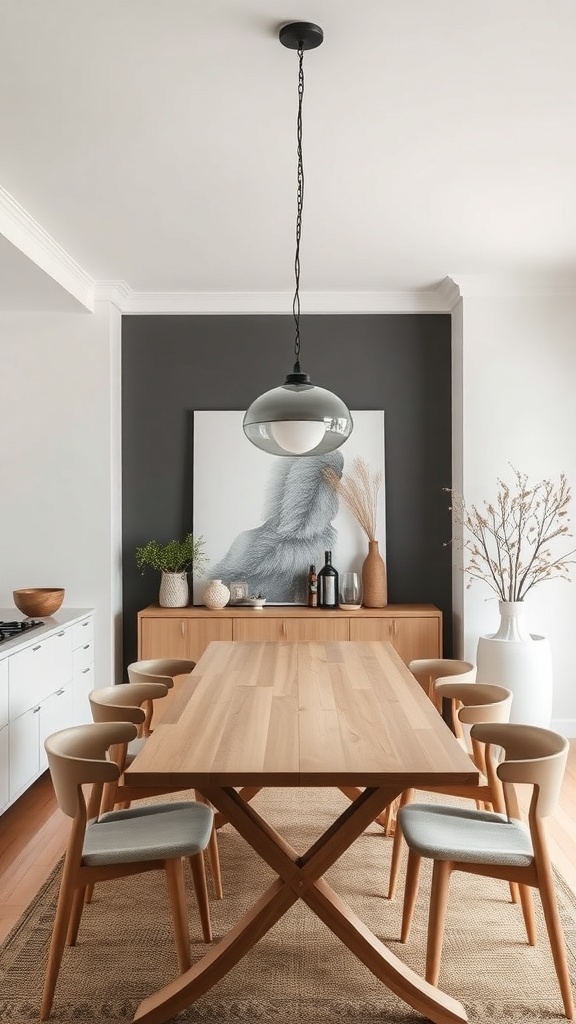 A stylish dining area featuring a wooden table, modern chairs, and a pendant light.