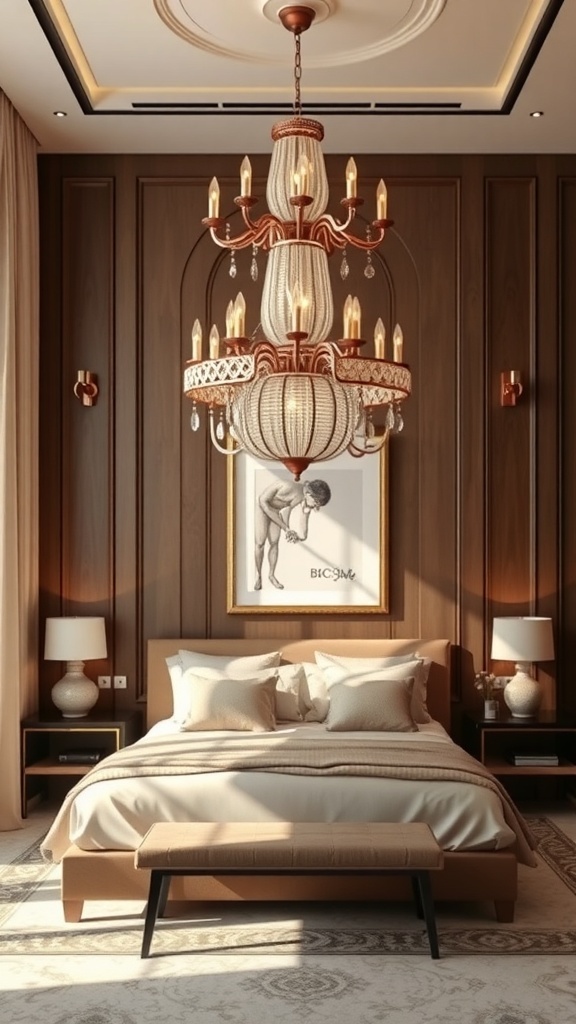 Luxurious bedroom featuring a grand chandelier and elegant decor.