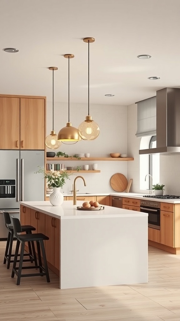 A modern Scandinavian kitchen featuring statement pendant lighting above a white island.