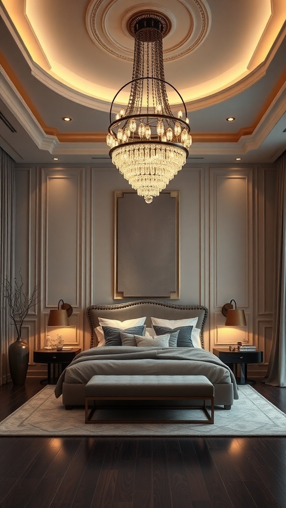 Luxurious bedroom with a stunning chandelier and elegant decor