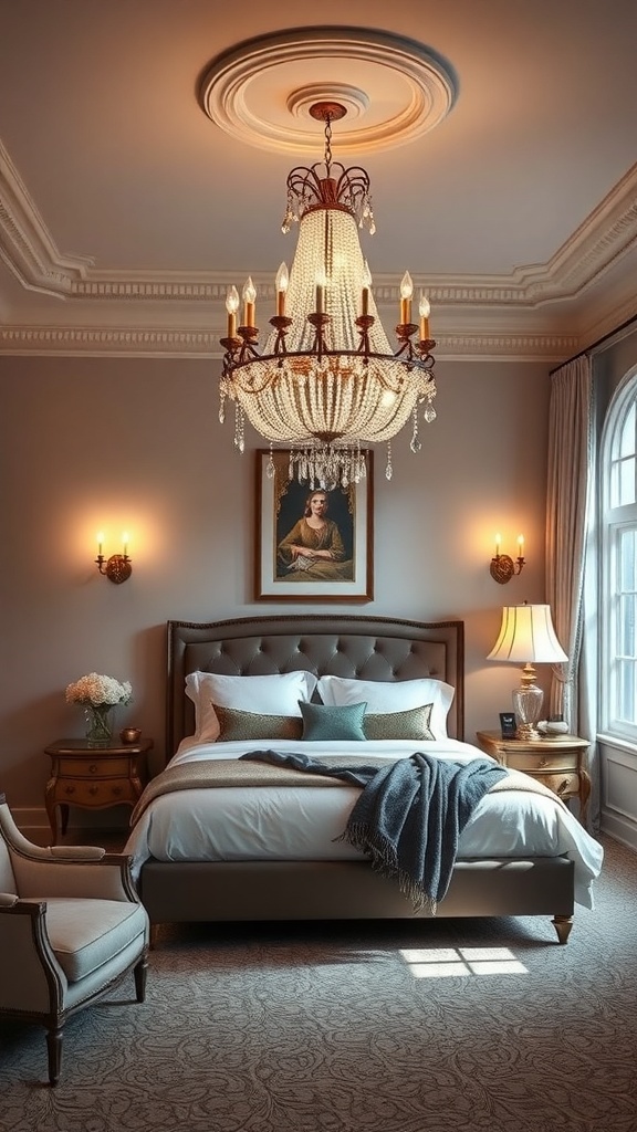 A beautifully decorated Southern style bedroom featuring a stunning chandelier and warm lighting.