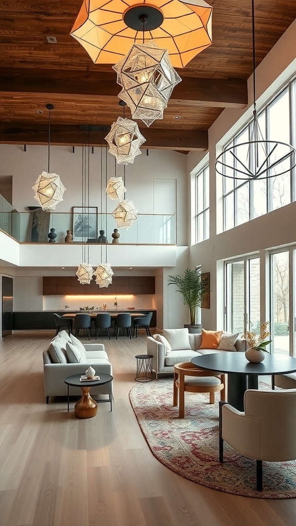A spacious open concept living and dining room featuring unique statement lighting fixtures.
