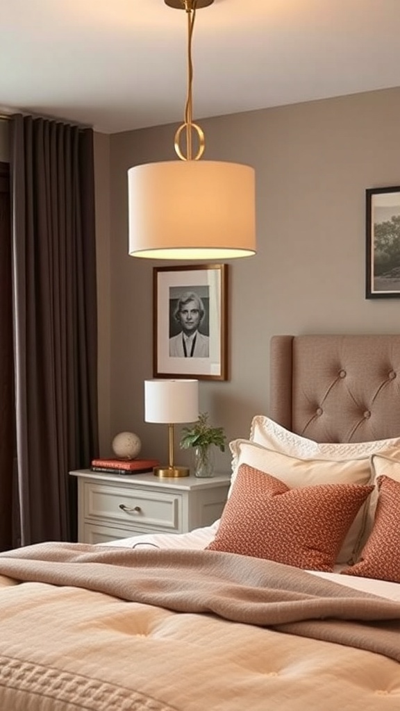 Cozy bedroom with a stylish pendant light fixture and soft bedding.