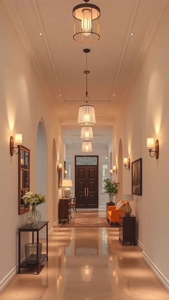 A stylish bungalow hallway featuring statement lighting fixtures, including pendant lights and wall sconces, creating a warm and inviting atmosphere.
