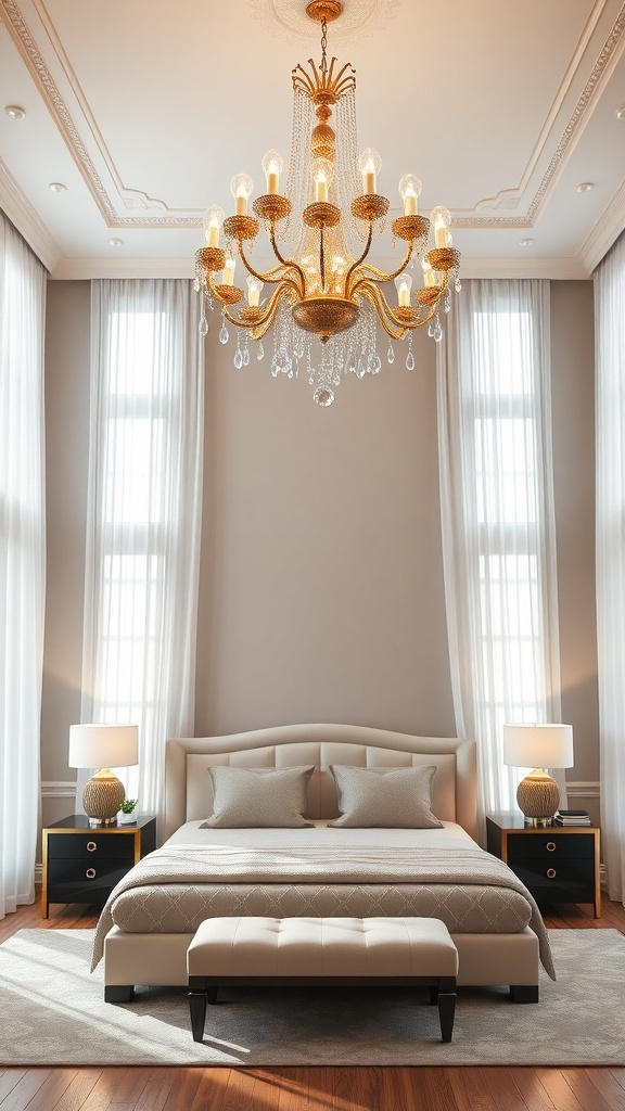 A luxurious bedroom featuring a beautiful chandelier and stylish bedside lamps.