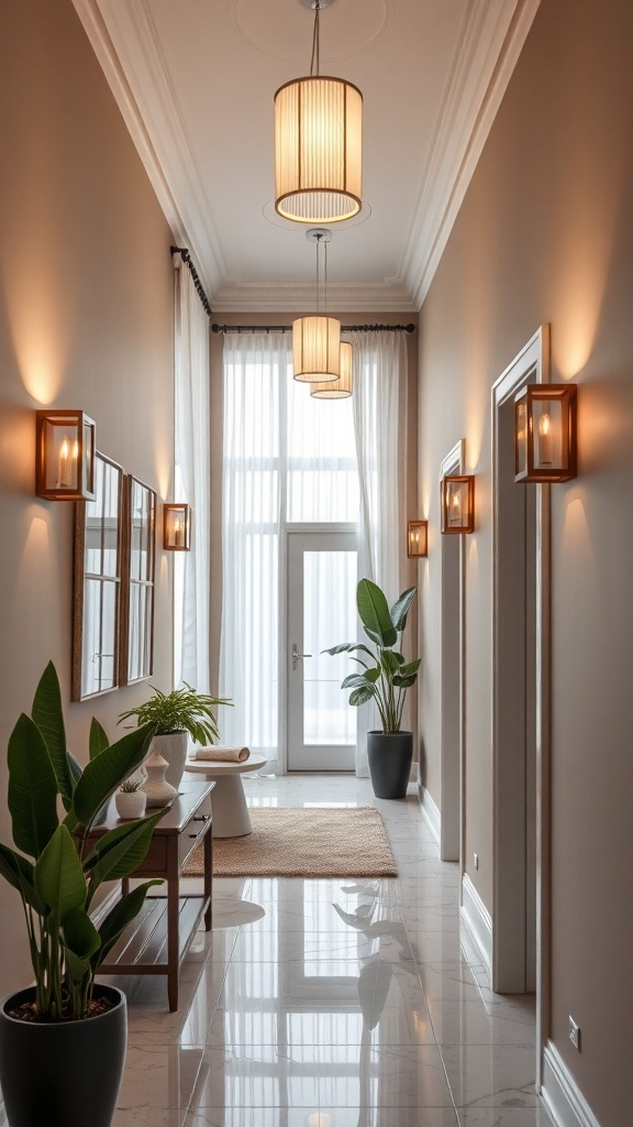 A stylish narrow hallway with pendant and wall sconce lighting, featuring plants and a mirror.