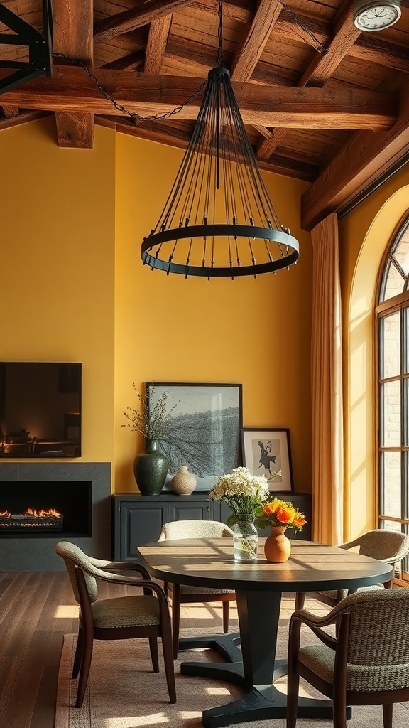 A stylish chandelier in a room with butter-yellow walls and rustic decor.