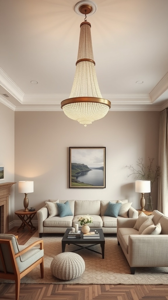 Elegant chandelier in a cozy living room setting.