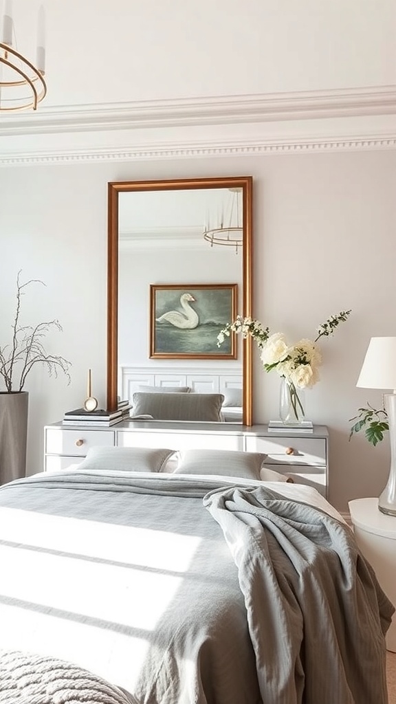 A cozy bedroom featuring a large statement mirror above a dresser, with soft bedding and natural light.