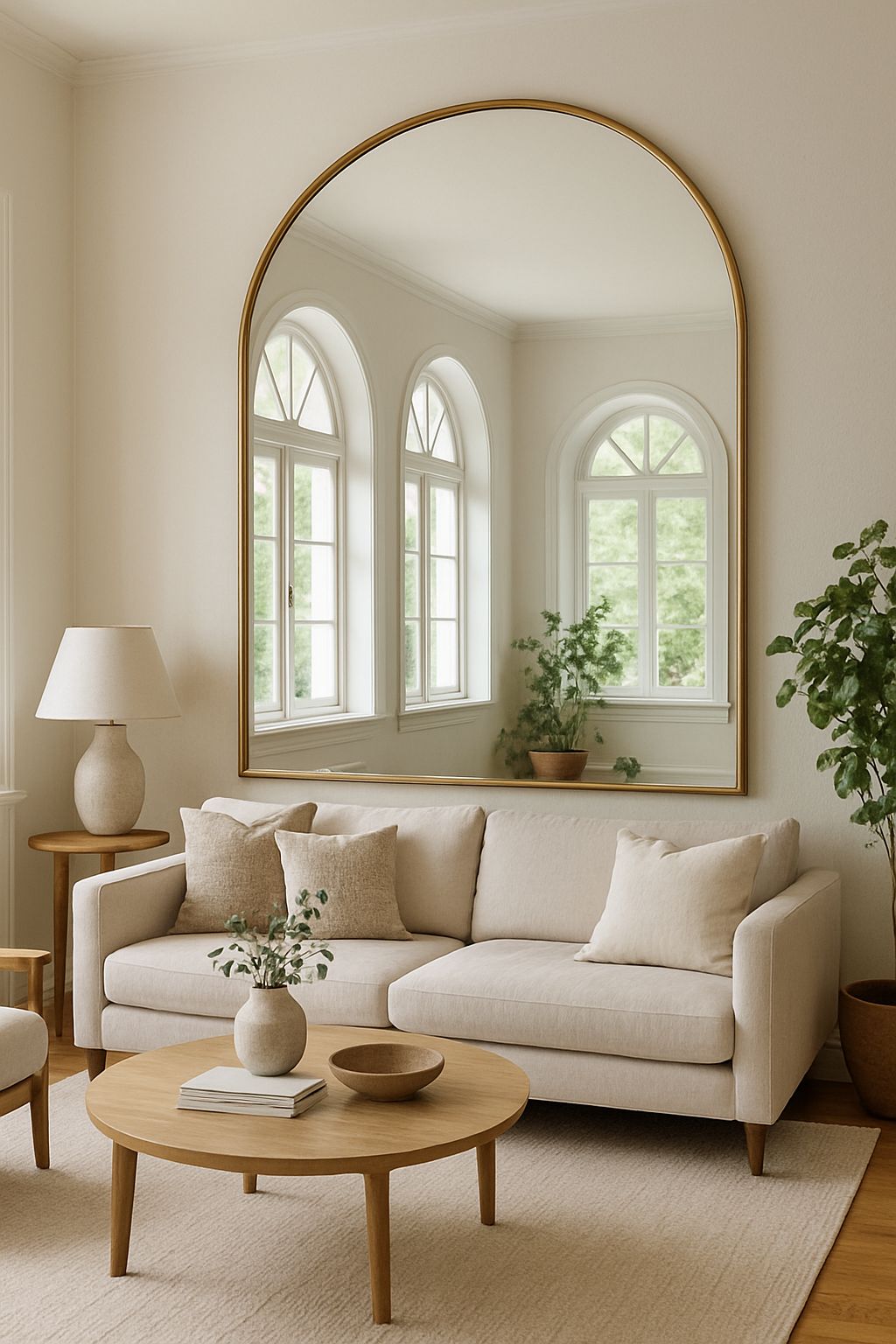 Ein stilvolles Wohnzimmer mit einem großen Wandspiegel, eleganten Möbeln und sanften Farben.