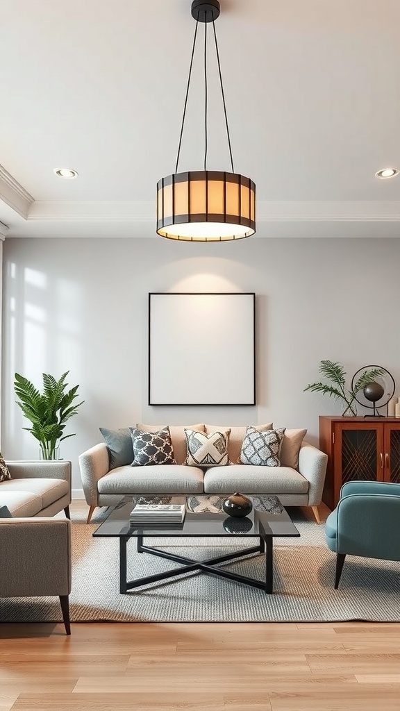 A stylish pendant light hanging in a modern living room with neutral decor and plants.