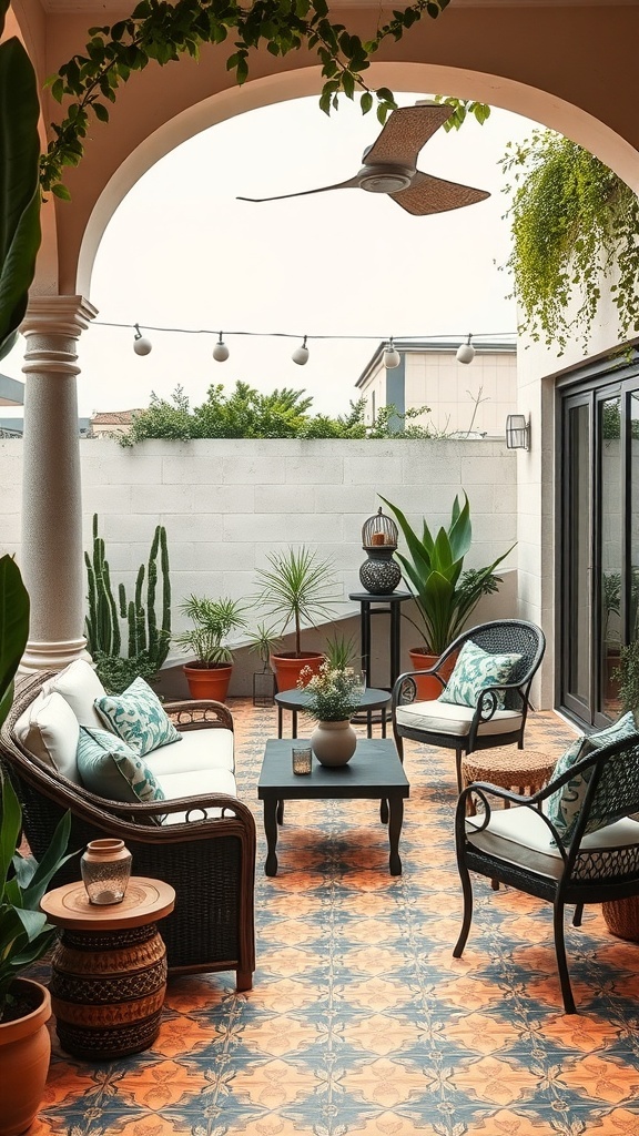 A cozy outdoor patio featuring patterned tiles, comfortable seating, and potted plants.