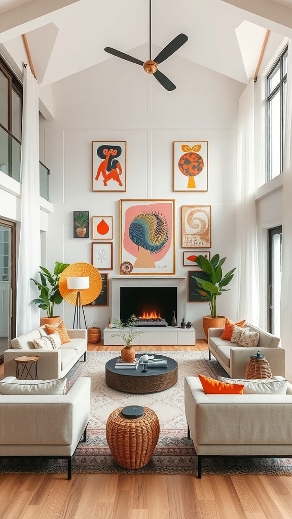 A cozy living room featuring a statement wall art arrangement with vibrant colors and eclectic designs.
