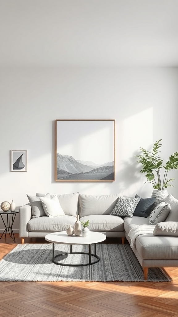 Cozy Scandinavian living room with statement wall art and minimalist decor.