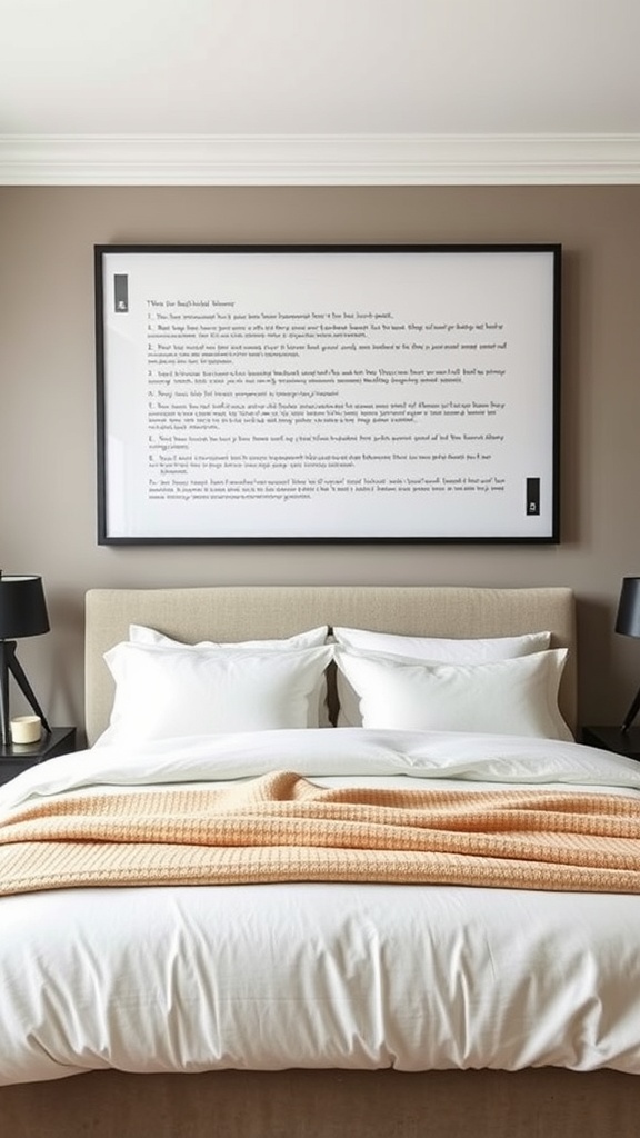 A stylish bedroom featuring a large framed wall art above the bed, with white bedding and a cozy orange throw.
