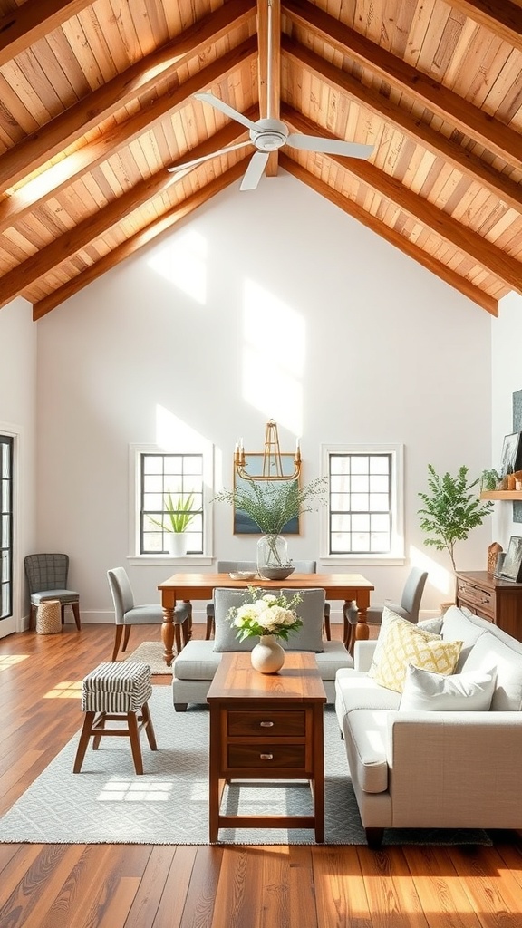 A cozy living room featuring high wooden beams, bright windows, and modern rustic décor.
