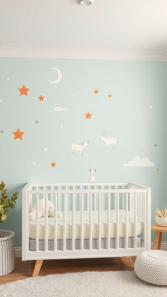 A nursery with a light blue wall featuring stenciled stars, animals, and a moon, alongside a white crib.