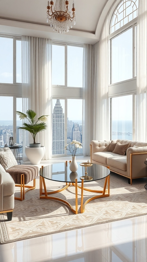 Elegantes Wohnzimmer mit Art Deco Möbeln, großen Fenstern und Blick auf die Stadt