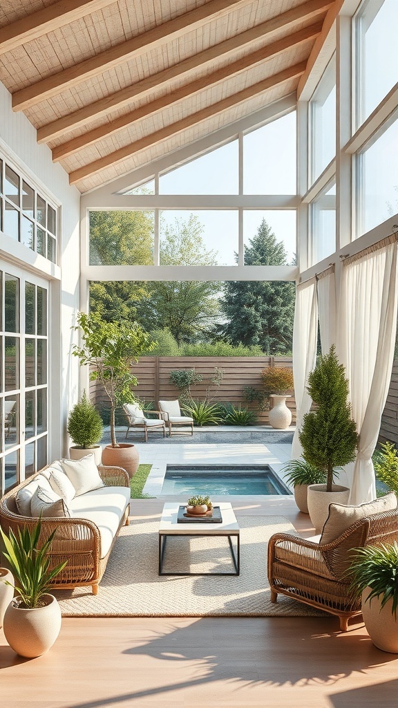 Stylish outdoor area with large windows, comfortable seating, and plants.