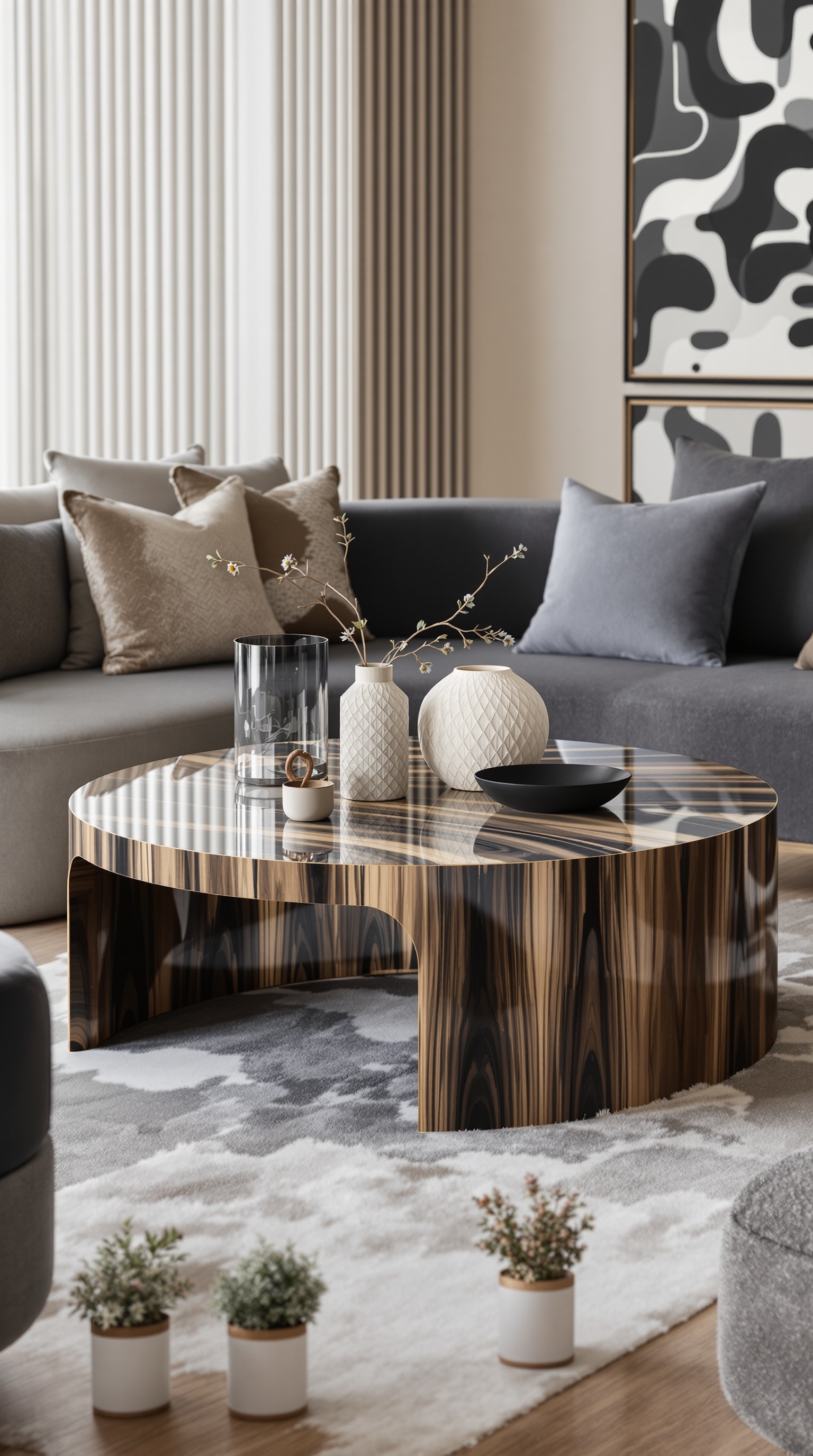 Ein stilvoller Wohnraum mit einem modernen Couchtisch, einer hellen Couch und großen Fenstern.