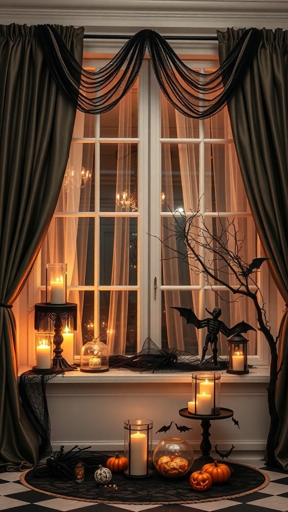 Elegante Halloween-Fensterdekoration mit Kerzen, Kürbissen und Spinnennetzen