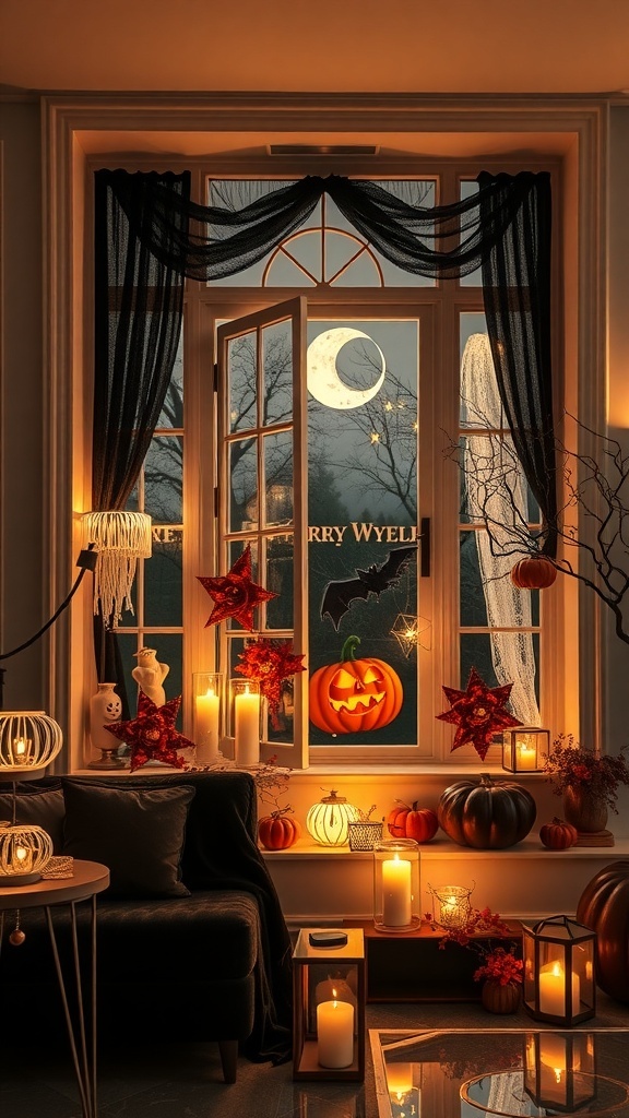 Stilvolle Halloween-Fensterdekoration mit Kürbis, Kerzen und Sternen