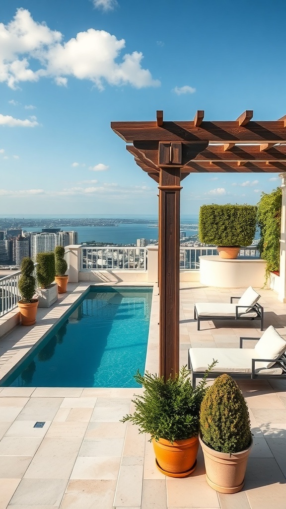 Luxuriöse Dachterrasse mit Pergola, Pool und Pflanzen
