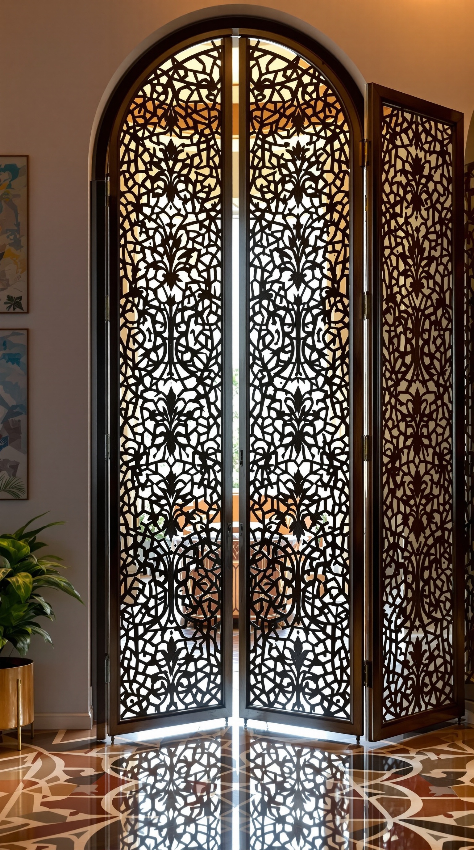 Ein stilvoller Raumteiler im Rokoko-Stil in einem hellen Wohnzimmer mit großen Fenstern und eleganten Möbeln.
