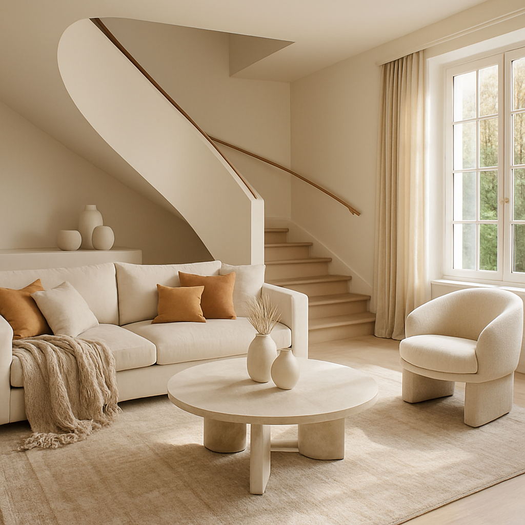 Ein modernes Wohnzimmer mit einem stilvollen Teppich, einer beigen Couch und einem runden Tisch.