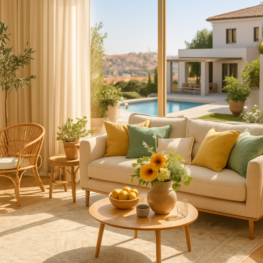 Helles Wohnzimmer mit Sofa, Kissen, Tisch und Teppich, Blick auf den Pool und Garten