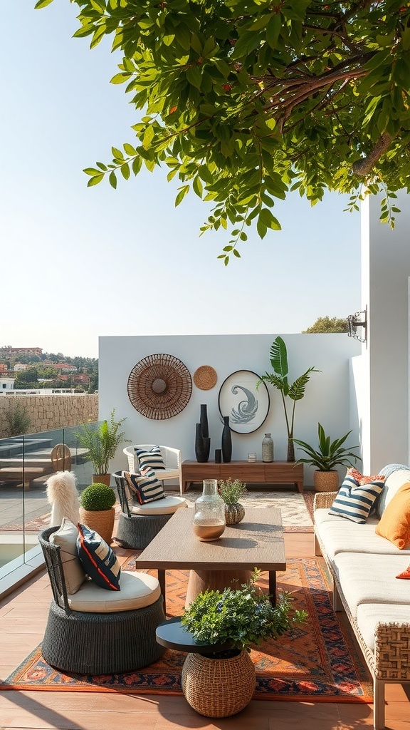 Stilvolle Terrasse mit Rattanmöbeln, Pflanzen und Blick auf das Wasser