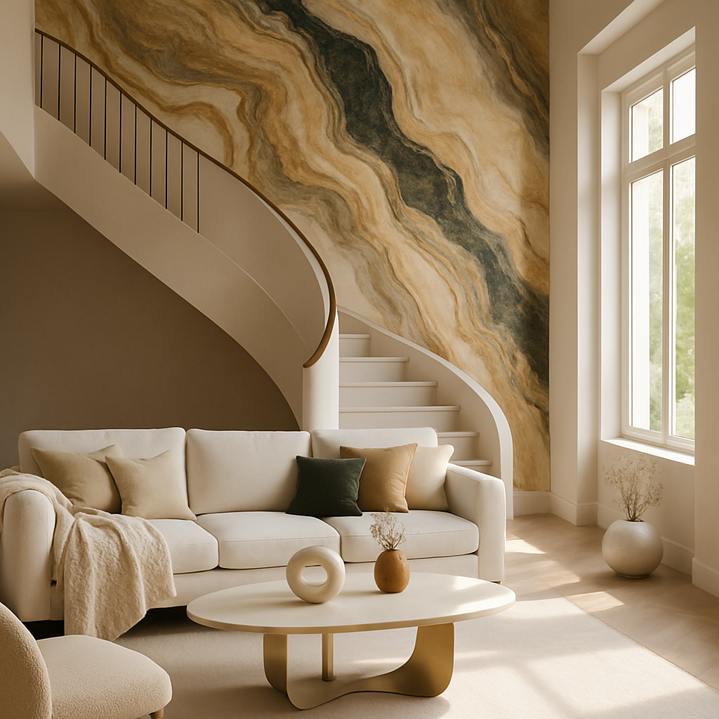Ein stilvolles Wohnzimmer mit einer kunstvollen Akzentwand in Erdtönen und einer geschwungenen Treppe.