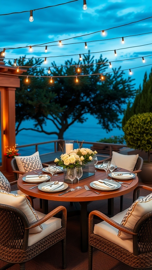 Gemütliche Terrasse mit Lichterketten und schön gedecktem Tisch