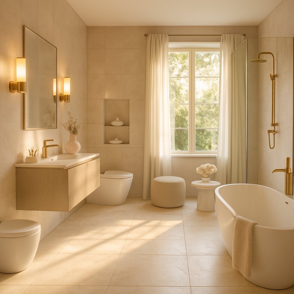 Luxuriöses Badezimmer mit warmem Licht und modernen Armaturen