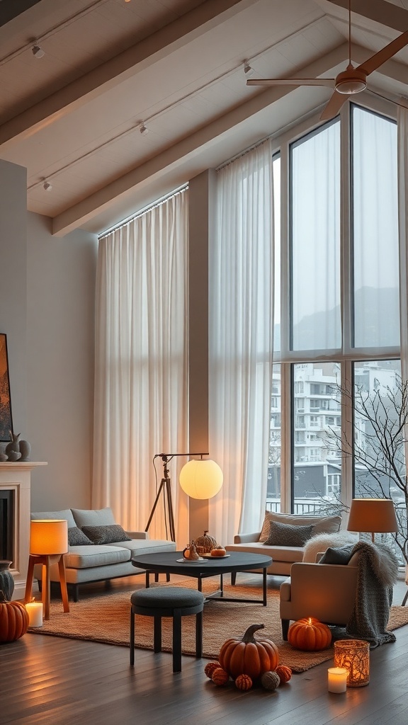 Gemütliches Wohnzimmer mit stimmungsvoller Beleuchtung und herbstlicher Dekoration