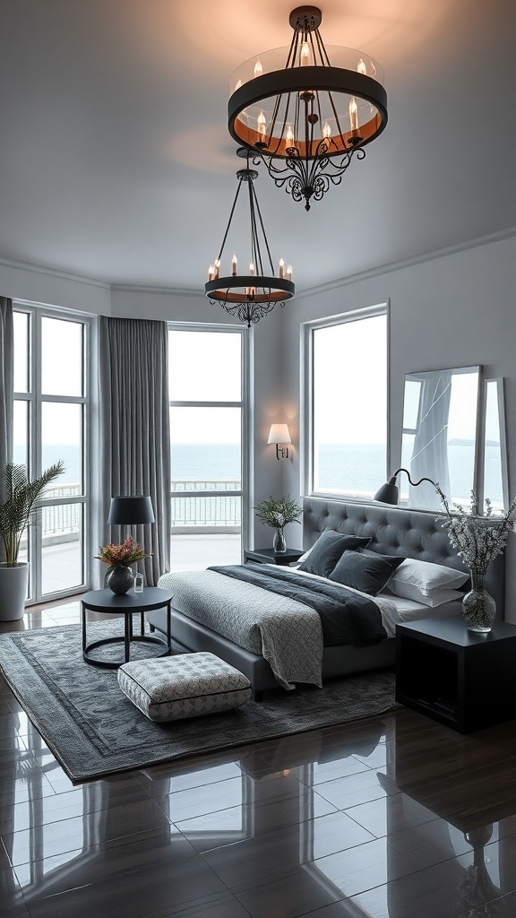 Schwarz-Weiß Schlafzimmer mit eleganten Kronleuchtern und großen Fenstern