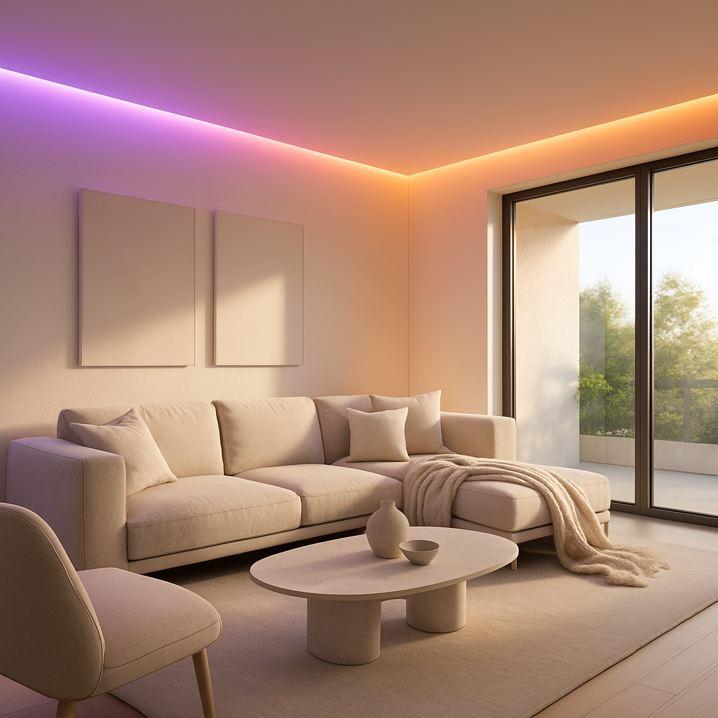 Modernes Wohnzimmer mit LED-Beleuchtung, beigem Sofa und großen Fenstern