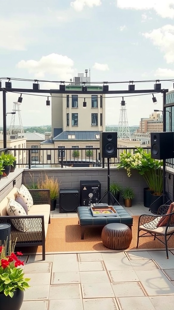 Stylische Dachterrasse mit gemütlichen Möbeln und Lautsprechern