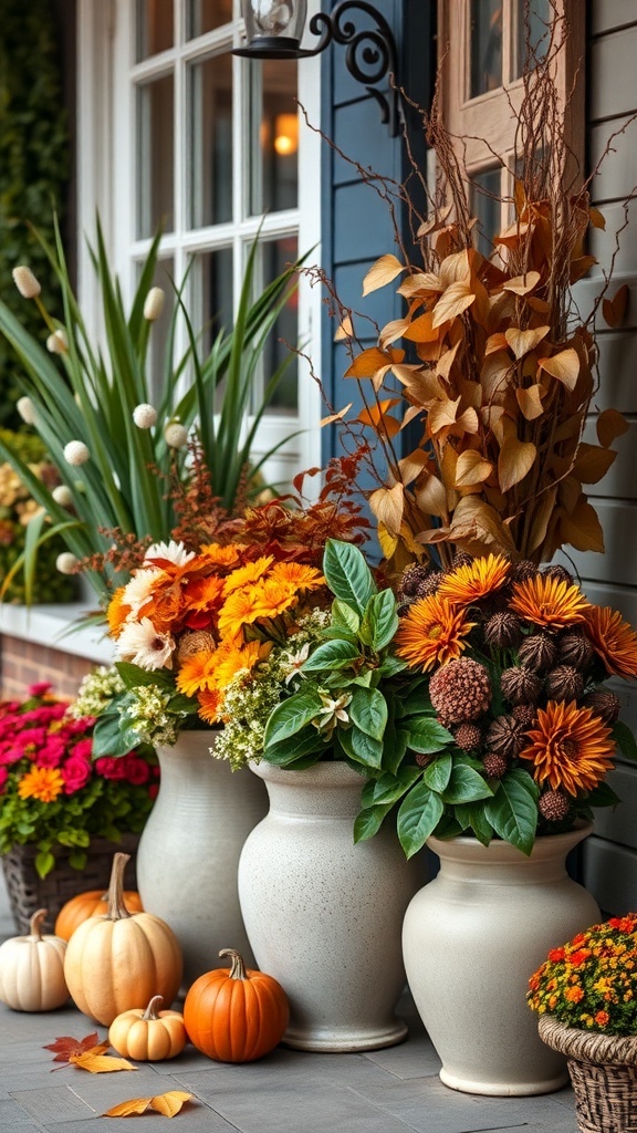 Herbstliche Pflanzenarrangements in eleganten Töpfen mit Kürbissen