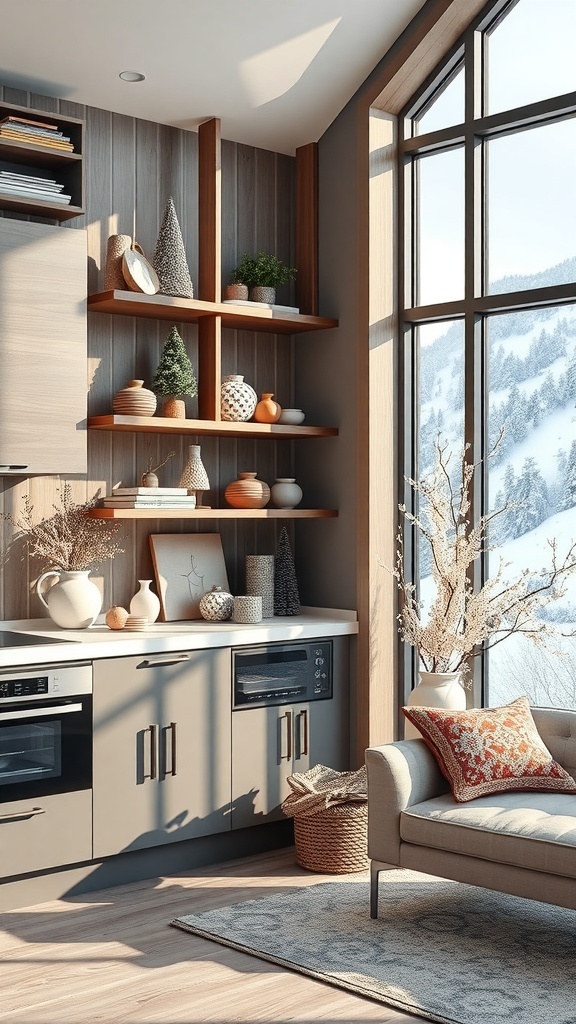 Gemütliche Winterküche mit großen Fenstern, dekorativen Accessoires und einem einladenden Sofa