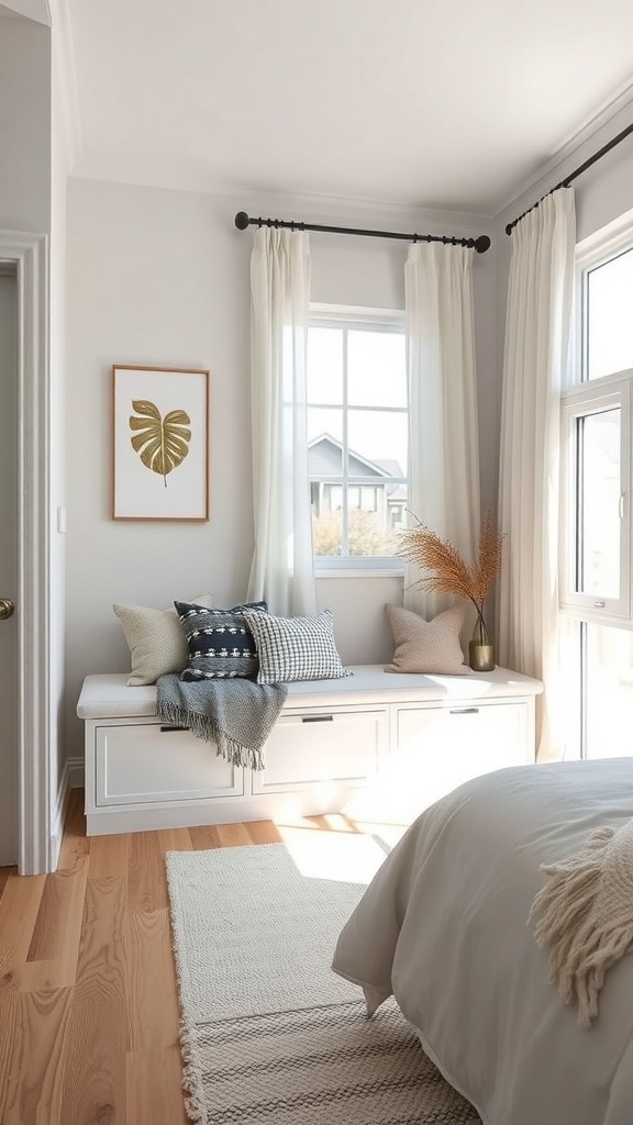 Cozy storage bench by the window with cushions and decorative pillows