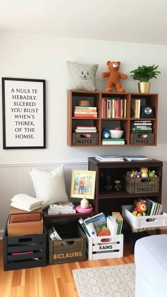 A cozy living space featuring storage crates and bins, showcasing organized books, toys, and decorative items.