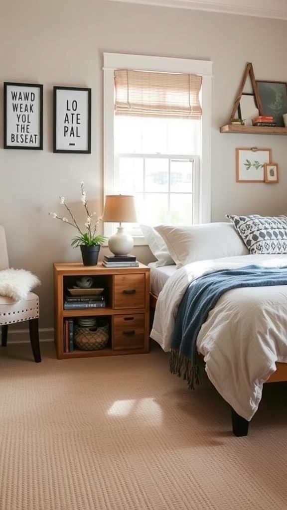 A cozy bedroom with a wooden nightstand, decorative items, and a warm color palette.
