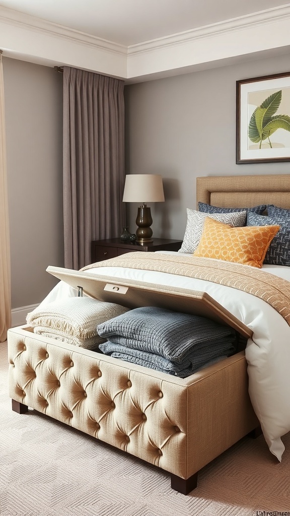 A stylish gray storage ottoman with a lift-top design in a small bedroom setting.